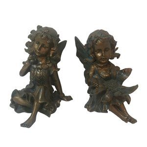 Set of Bronze Fairies Figurines Two Fairy Girls with Flower Sitting Garden or Ho